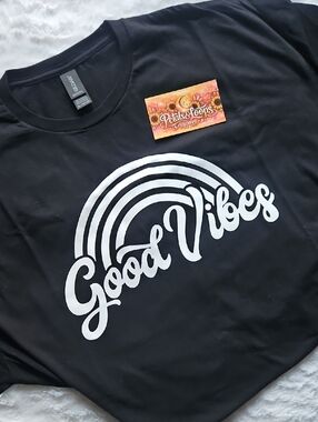 Gildan Black Tee with White "Good Vibes" Rainbow Graphic